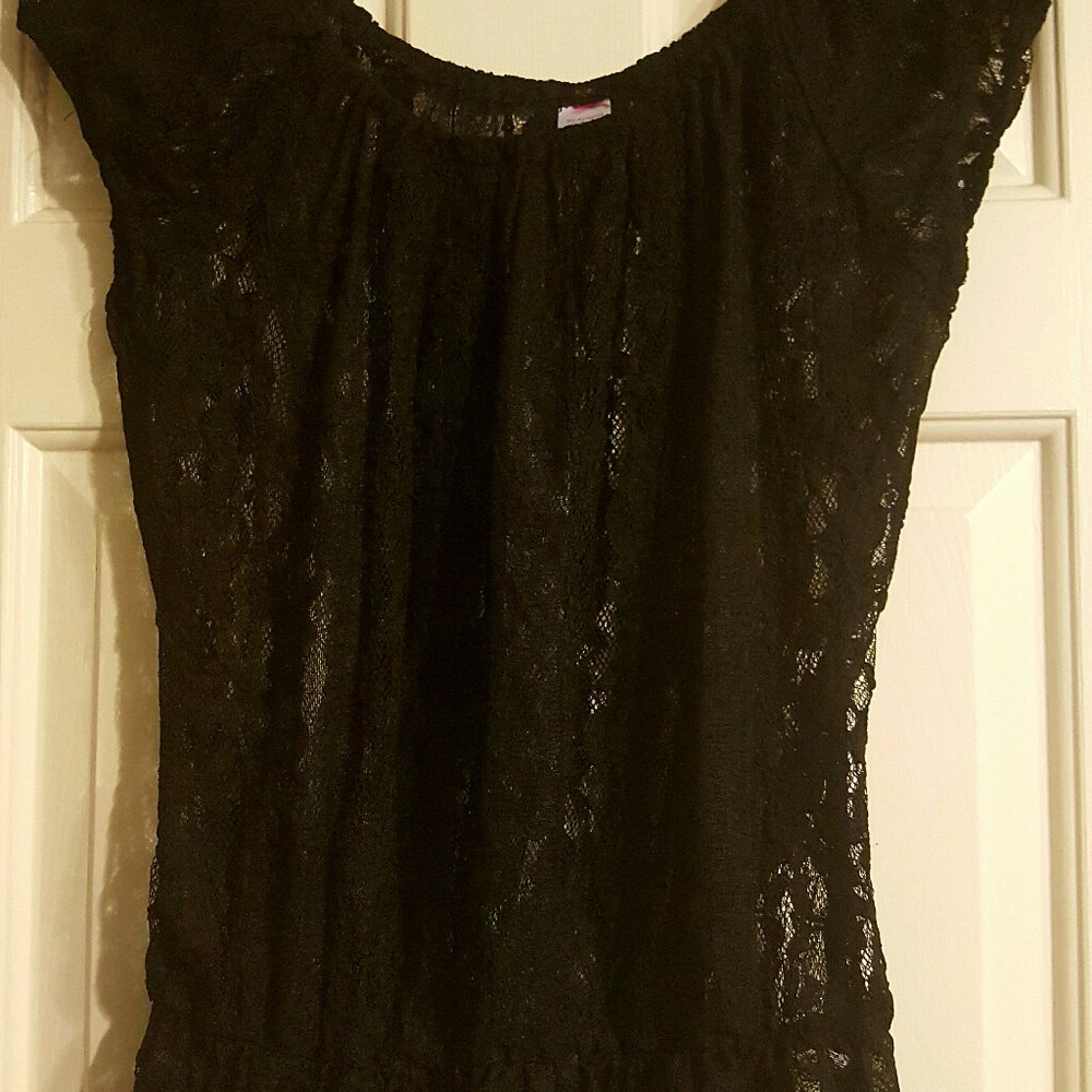 Large Black lace sheer top with gathered waist
